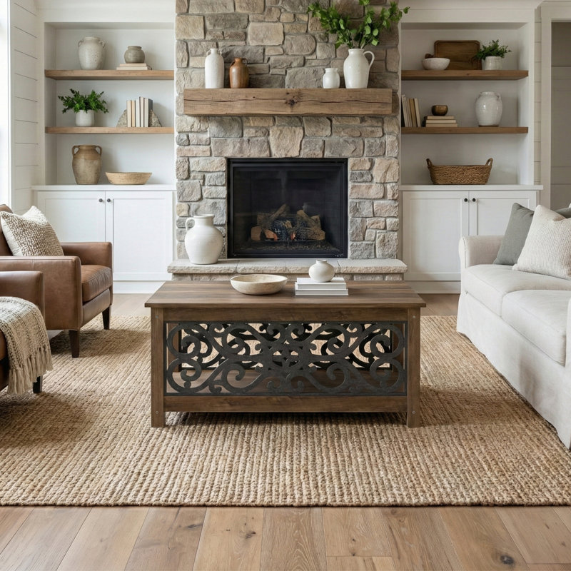 Table basse avec rangement Ariba, Chêne noueux / pierre grise