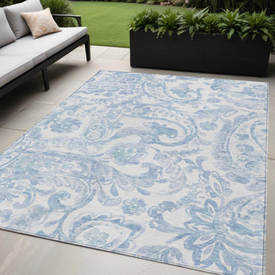 Tapis lavable extérieur bleu denim et cachemire ivoire 5 pi x 8 pi bleu ciel