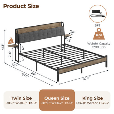 Bed Frame with Storage Headboard & LED Lights, Metal Platform Bed with Folding Shelves and Charging Station, No Box Spring Needed, Easy Assembly, Noise-Free, Black, Twin