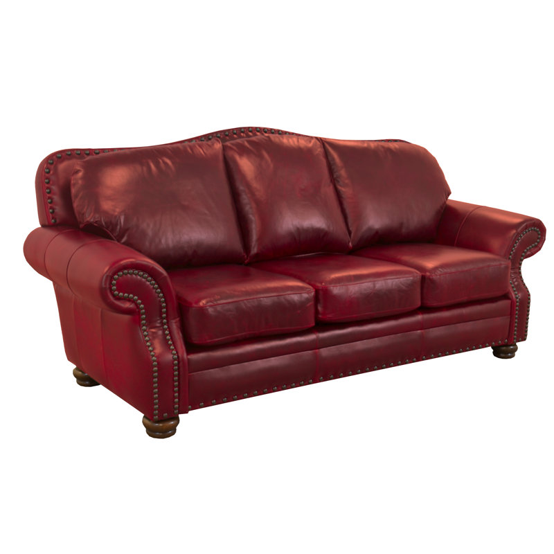 Somto 96" Genuine Leather Rolled Arm Sofa, Brompton Deep Red Genuine Leather