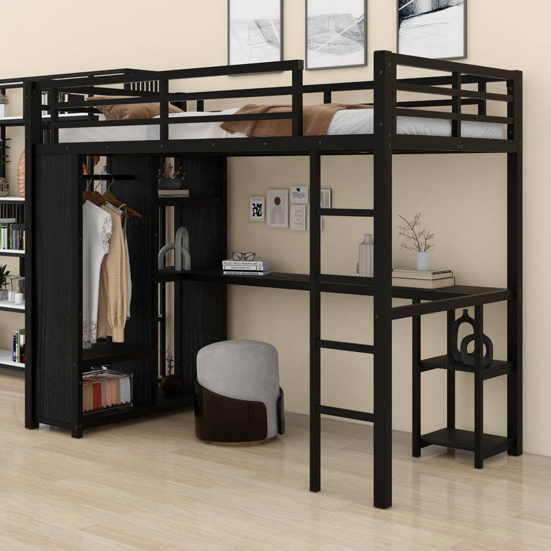 Lit mezzanine avec garde-robe intégré, bureau et tablettes de rangement