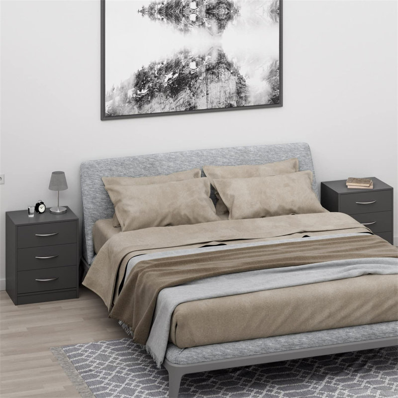 2X Bedside Table With 3 Drawers, Gray
