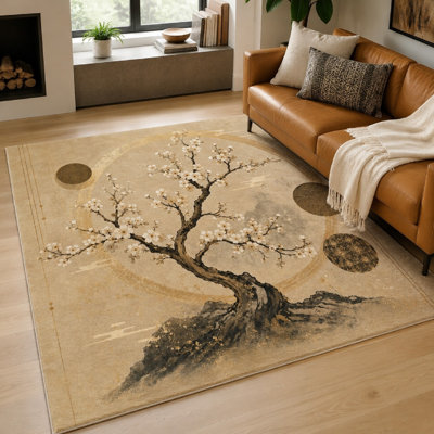 1Pcs Artistic Cherry Blossom Tree Print Rug - Vintage Style, Washable Floor Mat, Non-Slip Backing, Large Area for Living Room, Bedroom, Kitchen, and Dining for home detor
