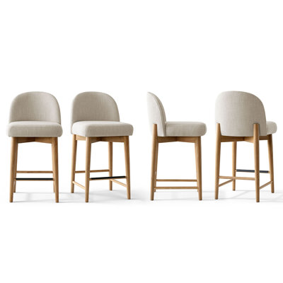 Upholstered Linen Blend Counter Stools with Solid Wood Legs