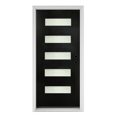 Porte d'entrée en fibre de verre 36 x 80 avec moulure de brique, verre givré, porte en fibre de verre à finition noire - style contemporain pour l'entrée principale de la maison, ouverture à gauche avec cadre en vinyle blanc