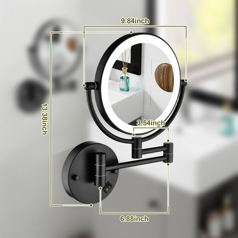 Miroir de maquillage lumineux 8 po à fixation murale double face, grossissement 1 / 3x, Noir mat