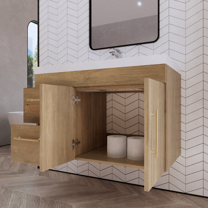 Hebersham 35.44'' Single Bathroom Vanity with Acrylic Top, Oak