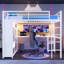 Loft Bed Frame With Built-In Wardrobe, Metal Loft Bed With Desk And Storage Shelves, White