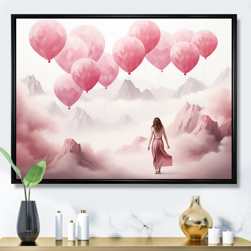 «Rose and White Air Balloon Solitude III - Abstract Landscape Art mural», Cadre doré à coins fermés