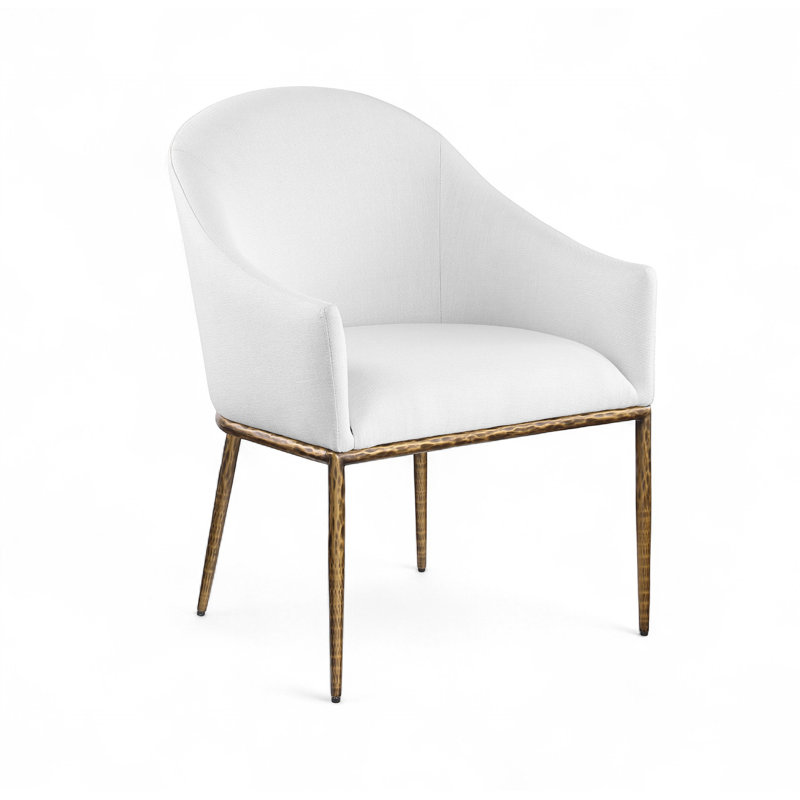 Chaise de salle à manger rembourrée Ferro, Tissu texturé en lin blanc, Or brossé