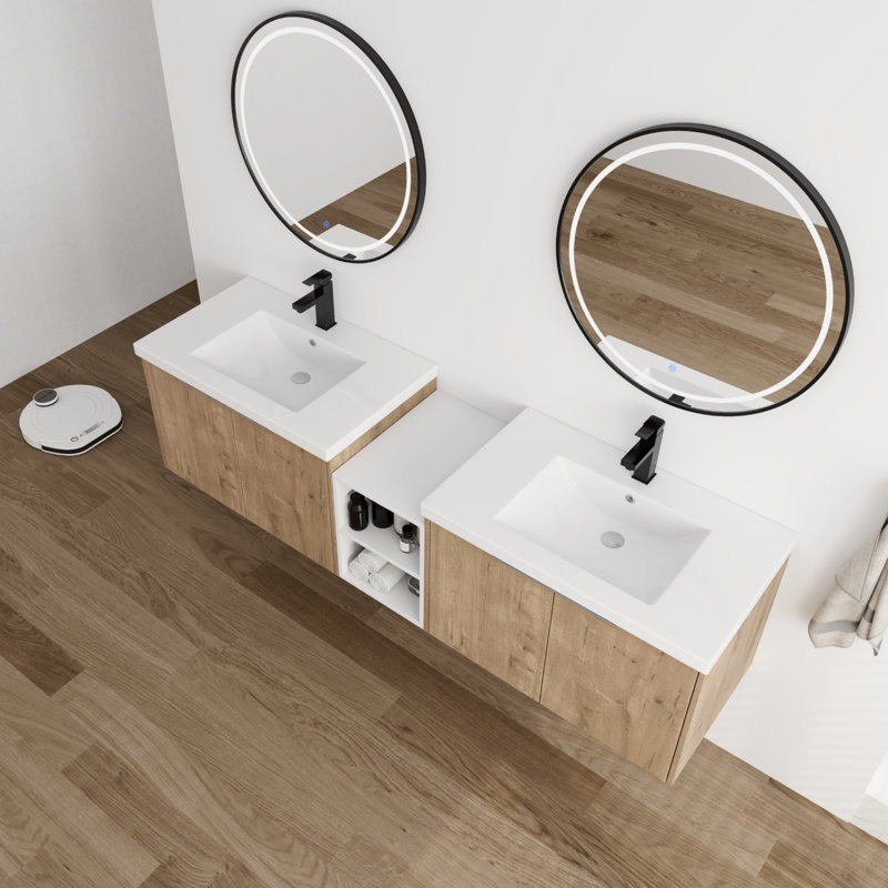 Meuble-lavabo double avec comptoir en résine, Beige, 72"