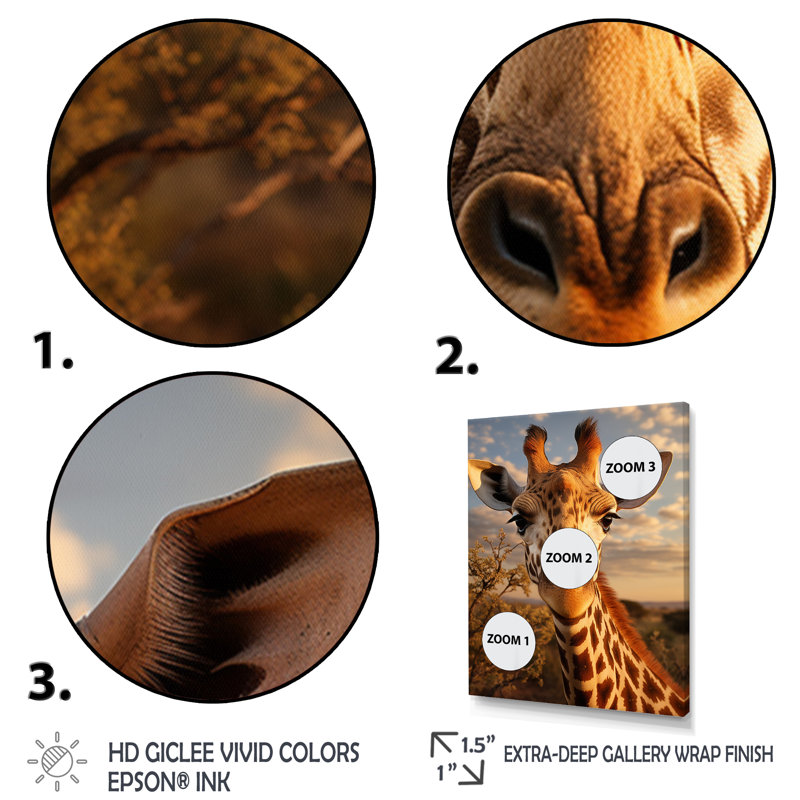 «Giraffe Portrait Vibrant - Animals», reproduction sur toile, Cadre photo noir, H 20 po x l 12 po x P 1 po