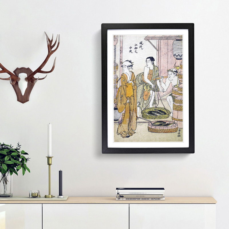 The Fish-Monger by Torii Kiyonaga - Picture Frame Painting Print, 65cm H x 48cm W x 2cm D, Black Framed