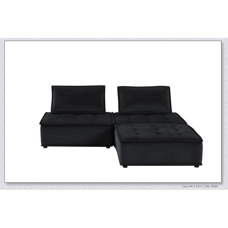Anna 80" Black Velvet 3 Pc Sectional Sofa Ottoman