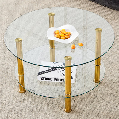 Table basse contemporaine en verre trempé à double couche de style contemporain - plateau de 27,5 po et dessous de 23,6 po. Plateau de table en verre renforcé, pieds en acier inoxydable.