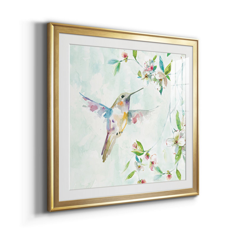 Colibri I - peinture encadrée sur papier, Papier encadré doré, H 34,5 po x l 69 po x P 1,5 po, Blanc