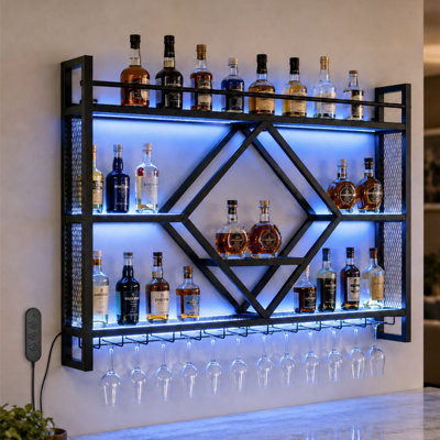 Wall‑Mounted Metal Wine Rack With LED Light & Glass Holder