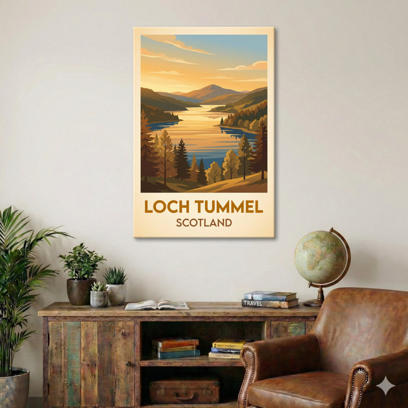 Loch Tummel, Scotland - Golden Highlands Travel Poster: Romantic Lochside Escape. Giclee Print on Wrapped Canvas. Wall Art, Home Decor - Natural Landmarks, Scotland 1 Piece Wrapped Canvas Wall Art