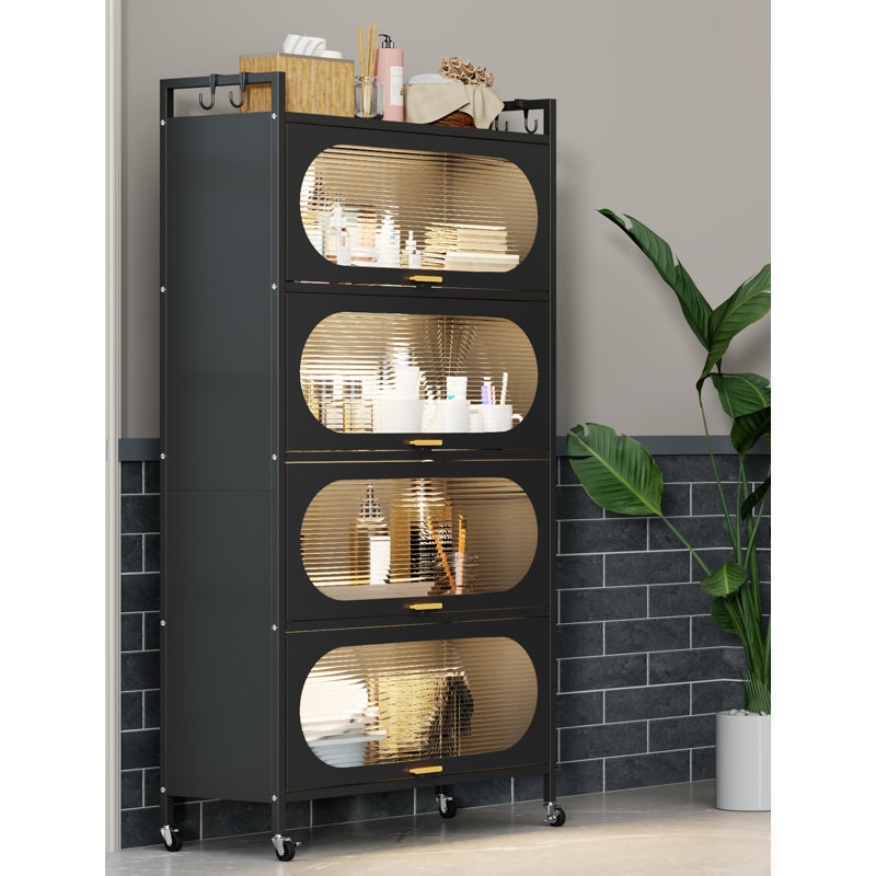  Armoire de cuisine à 5 niveaux avec 4 portes rabattables, support de boulanger de cuisine autoportant avec 4 roulettes, pour la salle à manger, le salon et la salle de bain, noir
