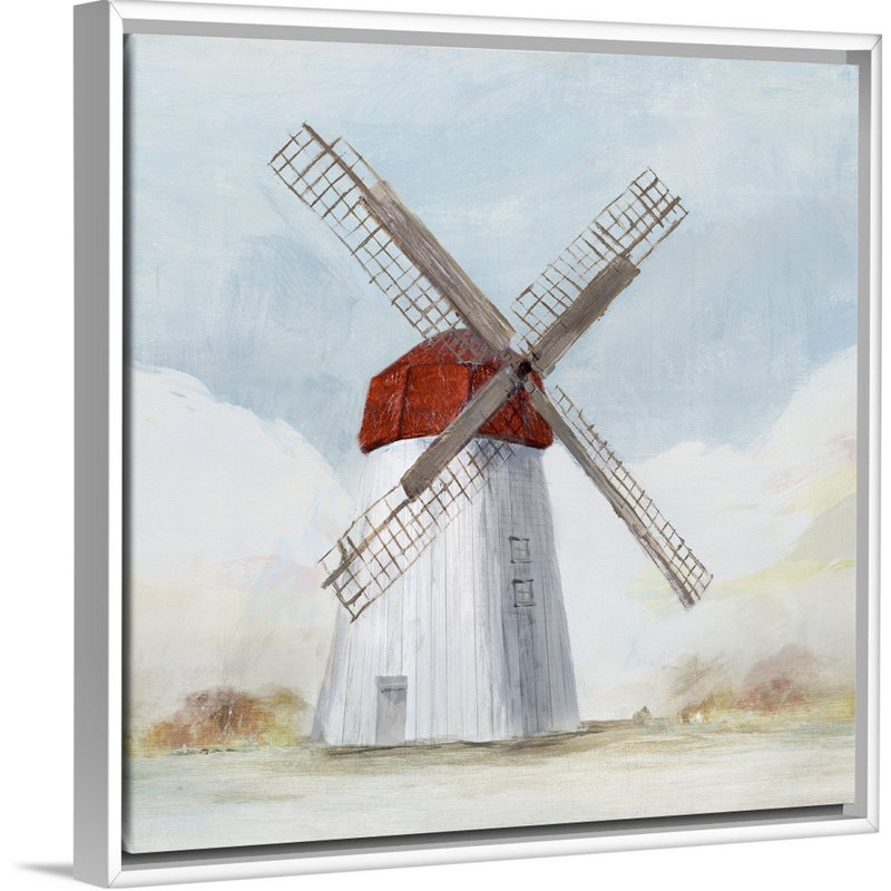 Reproduction d’art sur toile, "Red Windmill I" par Isabelle Z, Cadre blanc, H 22 po x l 22 po x P 1,75 po