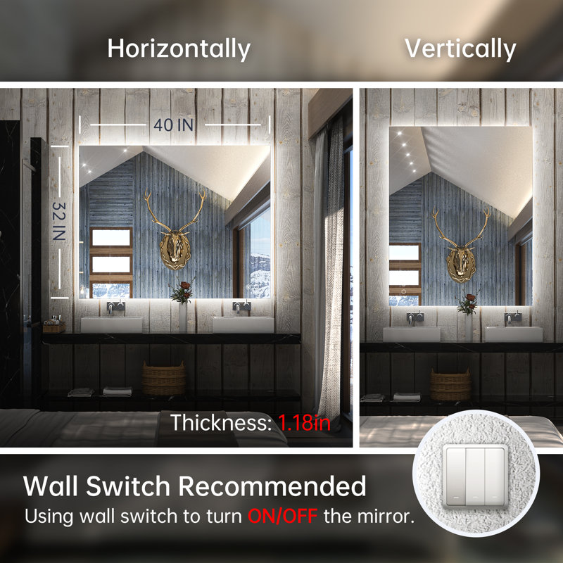 Chrisna LED Backlit Frameless Lighted Bathroom Vanity Mirror Wall Mirror 3 Color Adjust Dimmable Anti Fog, 32" x 40"