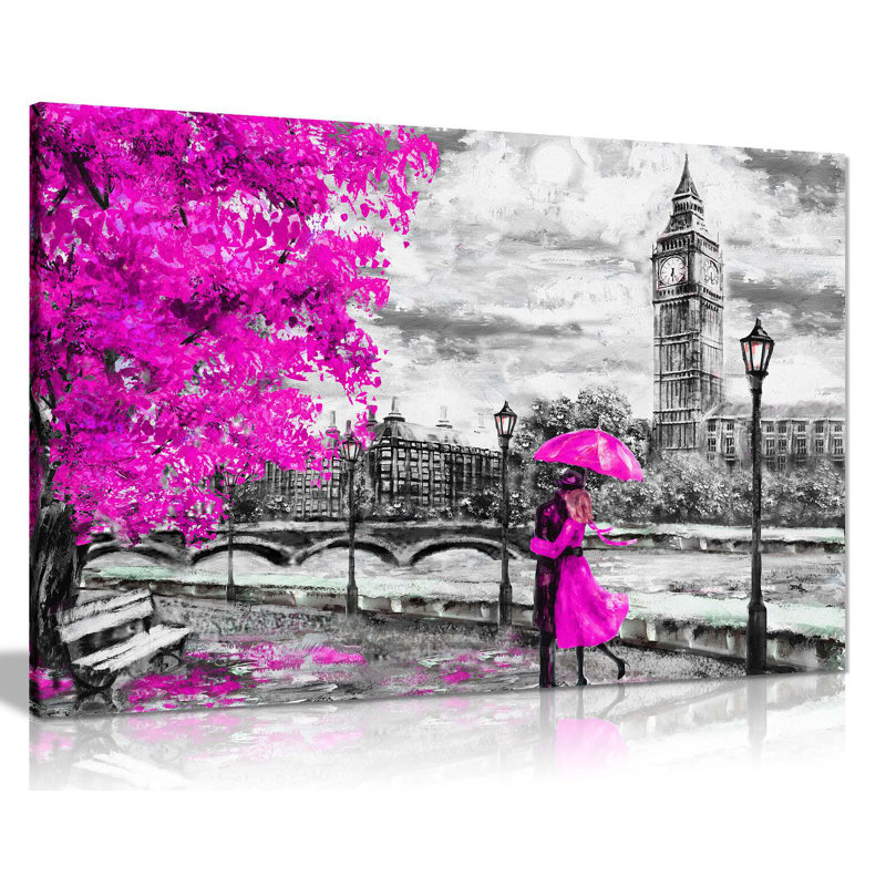 London Oil Painting Artwork Reproduction Big Ben - Wrapped Canvas Print, 20cm H x 31cm W, Pink