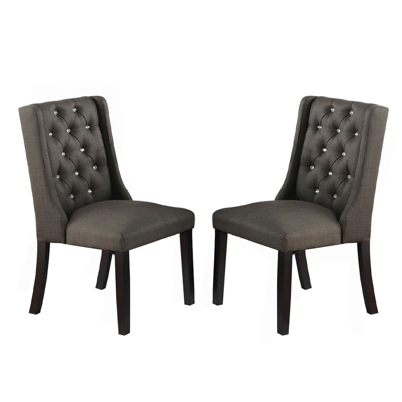 2 chaises de salle à manger, à oreilles de style moderne, siège en tissu de polyfibre noir cendré et bois d'hévéa, bouton, cadre de couleur foncée pour améliorer le design à oreilles, bois de bouleau et cadre, décor