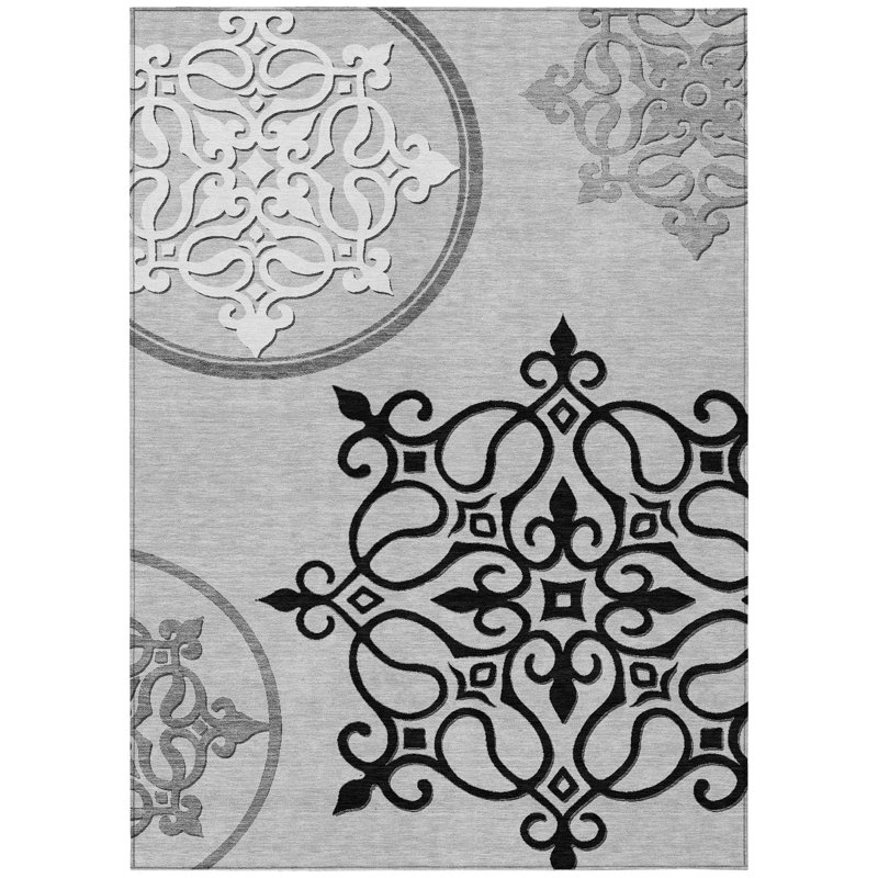 3' X 5' Gray Floral Medallion Washable Indoor Outdoor Area Rug