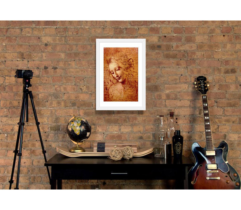 Tête de femme par Leonardo da Vinci - reproduction, H 24 po x l 16 po x P 1 po, Papier encadré blanc