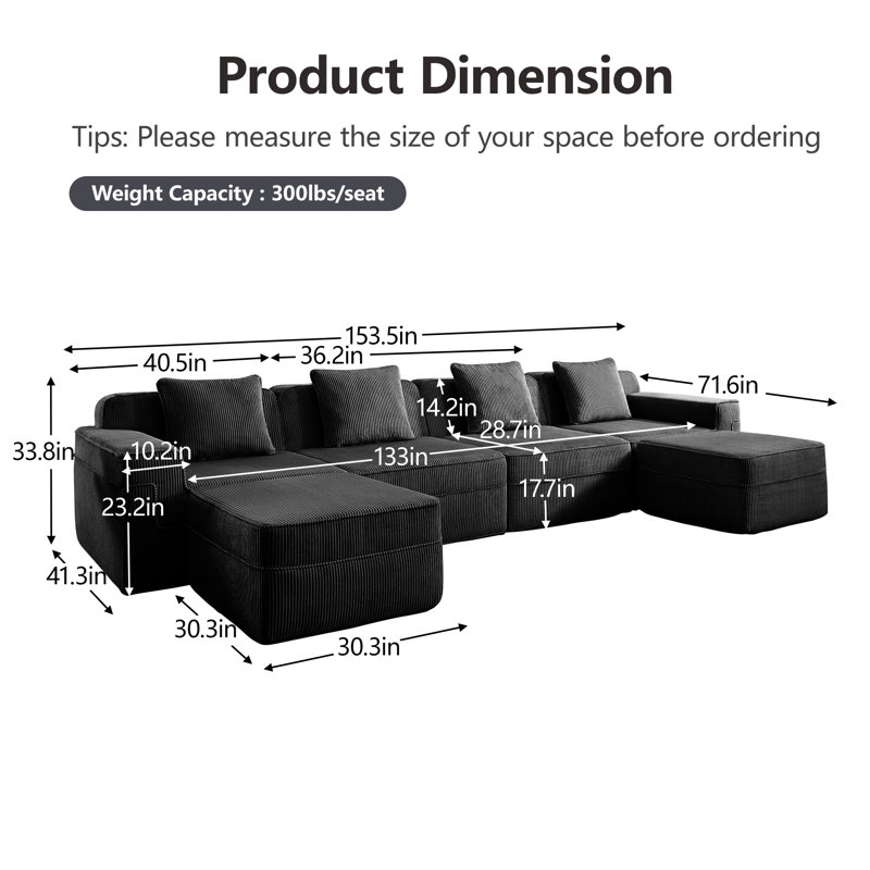 Canapé modulaire en forme de U sans siège à 4 places, canapé modulaire Cloud avec assise profonde et coussins décoratifs