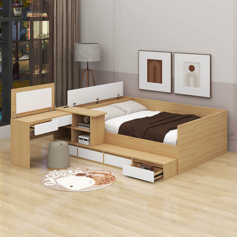 Lit plateforme double avec tiroirs, tablettes et table, Naturel
