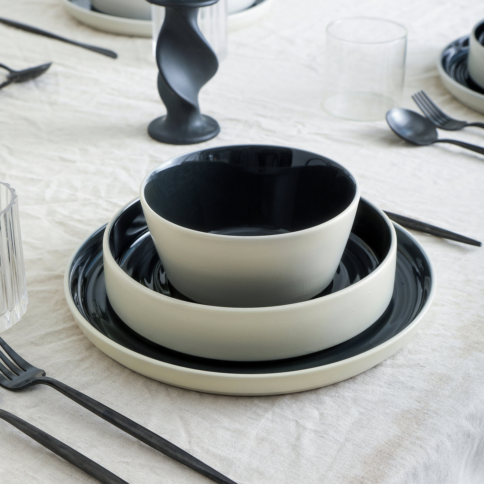 Elica Stoneware Dinnerware Set, Black