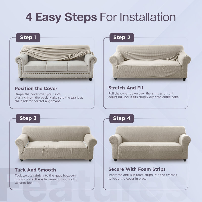 Durable Spandex Stretch Sofa Cover - Jacquard Pattern Sofa Slipcover & Furniture Protector, Beige