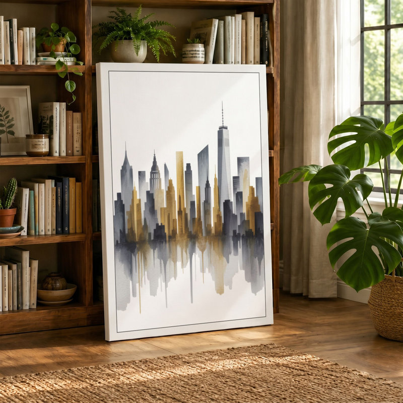Mirrored Metropolis Modern - Wrapped Canvas, 36x24 - 91.4 x 61.0 cm, Terracotta Border