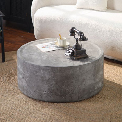 31.5" Round Coffee Table with Faux Concrete Finish for Living Room, Modern Drum Circle Coffee Table for Living Room, No Need Assembly (Concrete Gray)