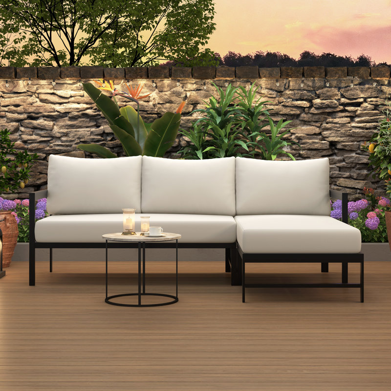 Canapé d'extérieur en forme de L avec structure en fer et coussins épais, Beige