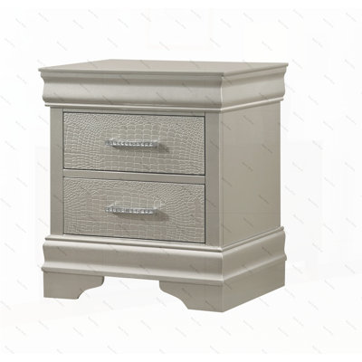 1pc Modern Glam Style Two Drawers Nightstand Champagne Solid Wood Crystal-Like Diamond Tufted Crocodile Texture Bedroom Furniture