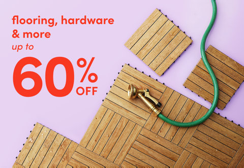 Flooring, hardware, and more up to 60% off featuring wood deck tiles and a garden hose on a light purple background.