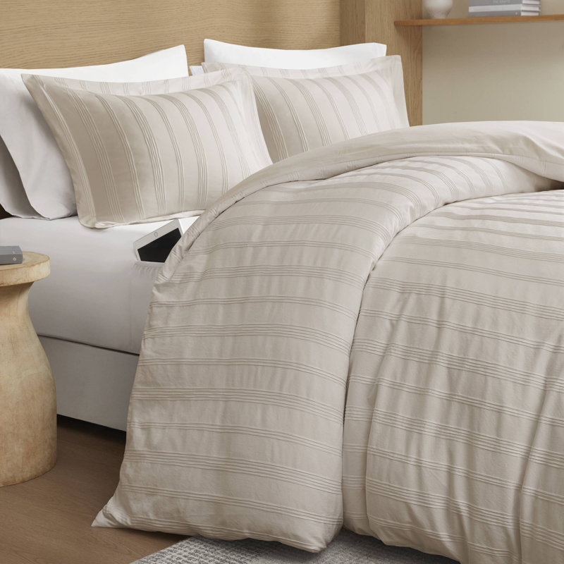 Logan Woven Striped Duvet Set, King Comforter + 2 King Shams, Neutral Striped