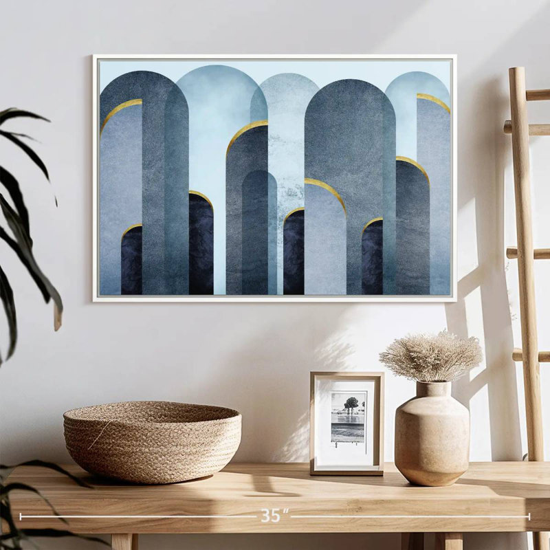 Arches bleu Mid-Century, Cadre flottant blanc, 25 po x 17 po