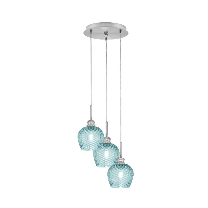 Array 3 Light Cord Hung Cluster Pendalier With 6" Turquoise Textured Glass, Brushed Nickel, 11.75" H x 12.5" W x 12.5" D