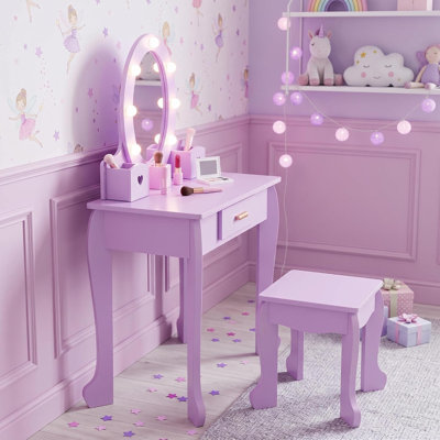 Kids Vanity Table Set with Mirror and Stool, LED Lighted Girls Makeup Vanity Desk, Princess Dressing Table Play Set, Birthday Gift for Toddlers