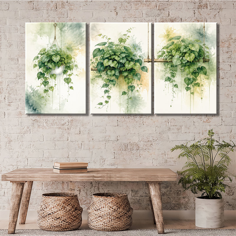 Pothos suspendus à l'aquarelle sur fond de vignes vertes, H 12 po x l 24 po x P 1 po