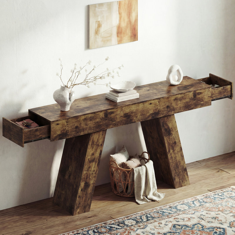 63″Wooden Console Table with Drawers–Entryway/Hallway Sofa Table, Walnut Brown, Walnut Brown