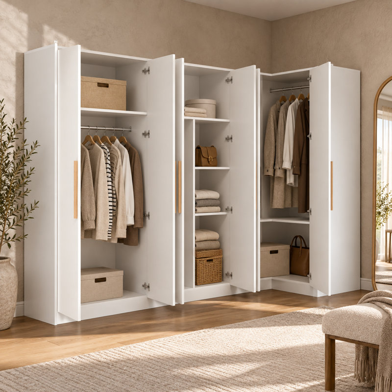 Grande armoire de coin de 100,8 pouces avec portes à fermeture amortie, tringles et étagères