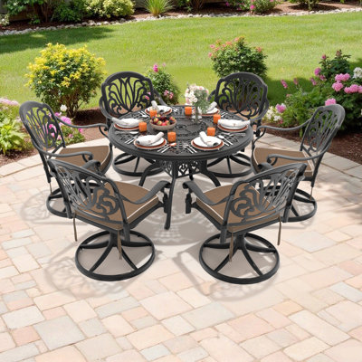 6-Person 47.24" Round Patio Dining Set with Umbrella Hole, Swivel Chairs with Brown Cushions