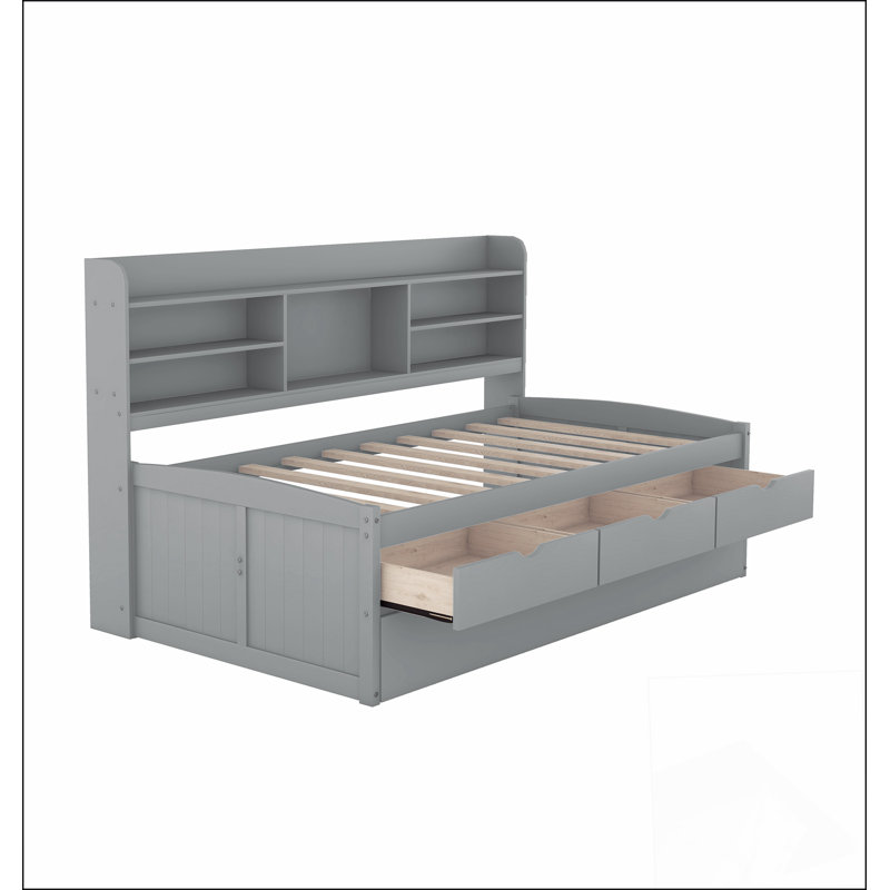 Lit capitaine en bois avec tablettes intégrées, Gris