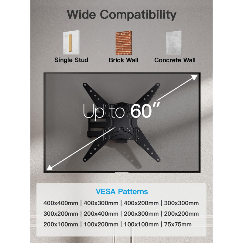 Black Steel Full Motion TV Wall Mount for 26-60 Inch Screens