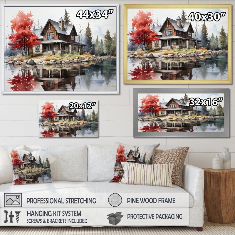 Red And Grey Lakeouse Majestic Retreat IV - Lake House Cottage Canvas Prints, H 16 po x l 32 po x P 1 po