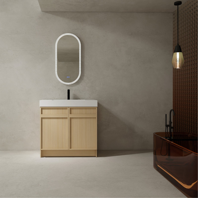 Meuble-lavabo sur pied 36 po avec lavabo en résine blanche et 2 portes d'armoire à fermeture en douceur, 36"